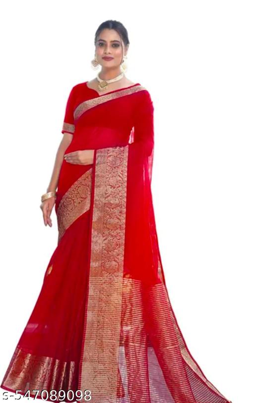 Fancy Organza Silk Skirt Border Plain Saree (Red) - Design Fasion Store