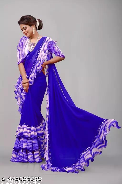 Women's Beautiful Print Georgette Frills Saree With Blouse Piece - Design Fasion Store