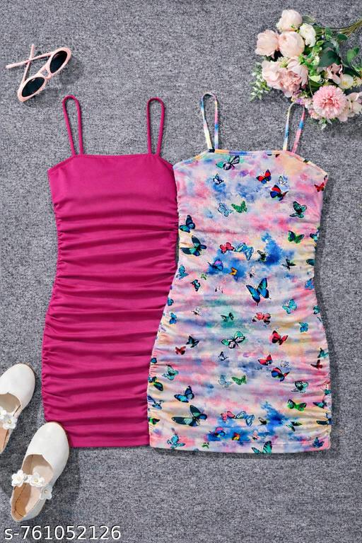 Girls Spaghetti Strap Bodycon Dress – Ruched & Butterfly Tie-Dye Print Kids Summer Slip Dress - Design Fasion Store