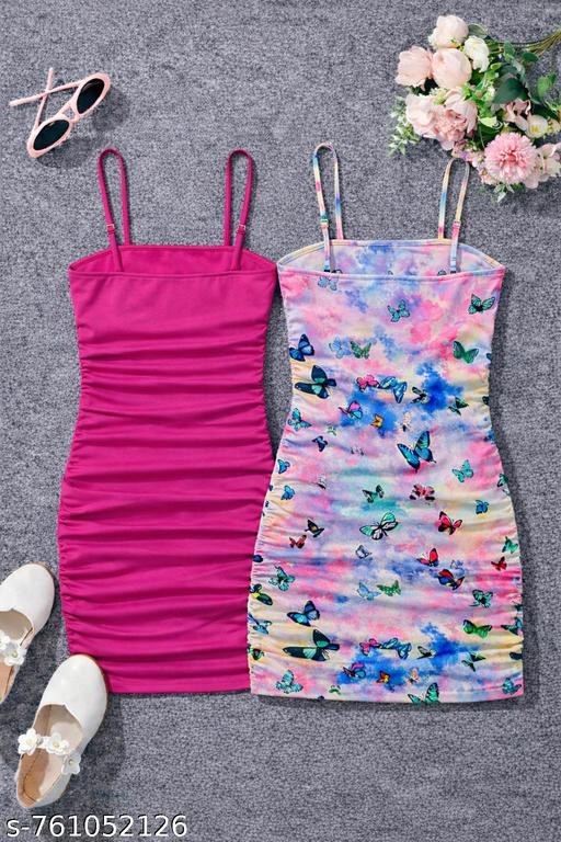 Girls Spaghetti Strap Bodycon Dress – Ruched & Butterfly Tie-Dye Print Kids Summer Slip Dress - Design Fasion Store