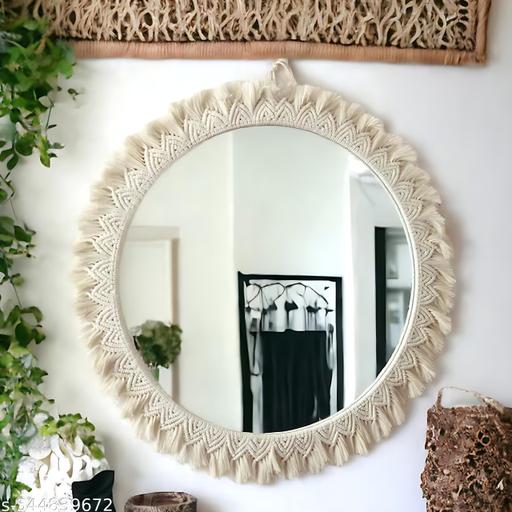 Round Decorative Wall Mirror with Macrame Frame, Boho Design, Off White - Design Fasion Store