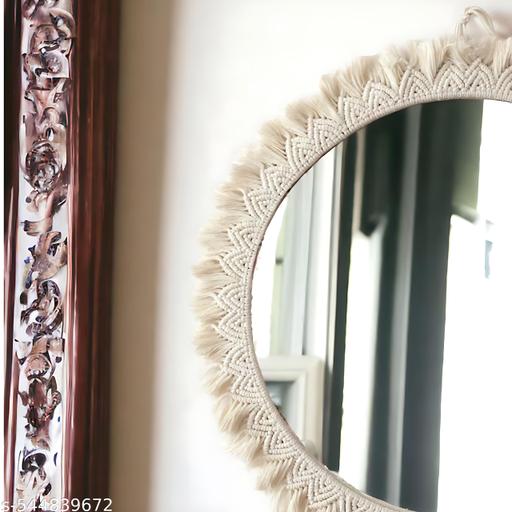 Round Decorative Wall Mirror with Macrame Frame, Boho Design, Off White - Design Fasion Store