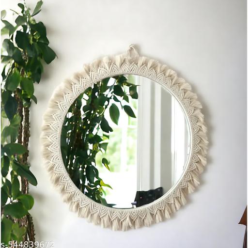 Round Decorative Wall Mirror with Macrame Frame, Boho Design, Off White - Design Fasion Store