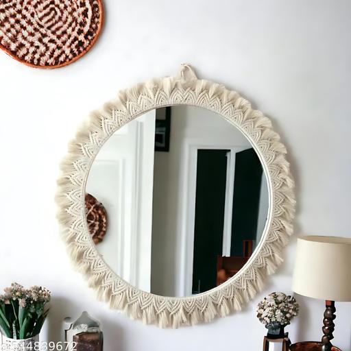 Round Decorative Wall Mirror with Macrame Frame, Boho Design, Off White - Design Fasion Store