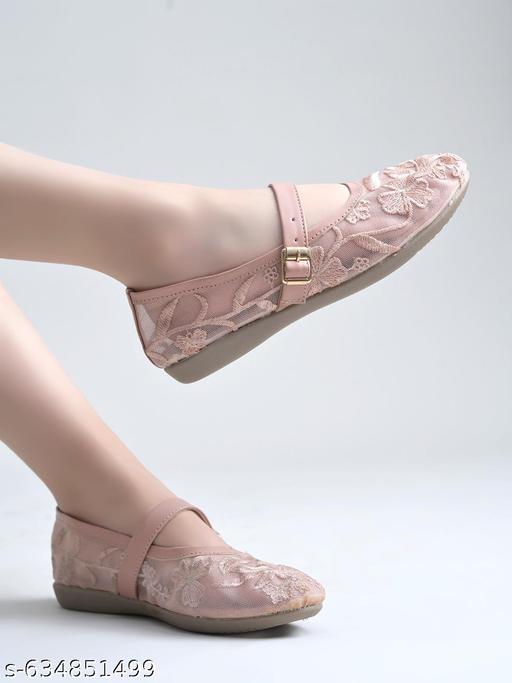 Elegant Pink Mesh Flats with Intricate Floral Embroidery and Mary Jane Strap For Women & Girls - Design Fasion Store
