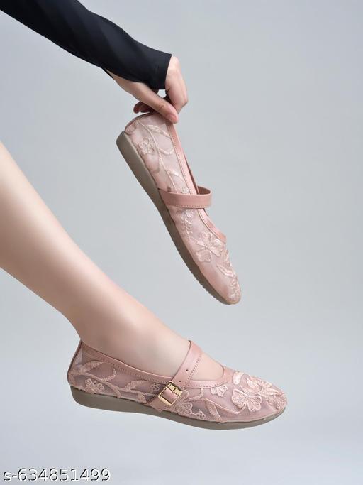 Elegant Pink Mesh Flats with Intricate Floral Embroidery and Mary Jane Strap For Women & Girls - Design Fasion Store