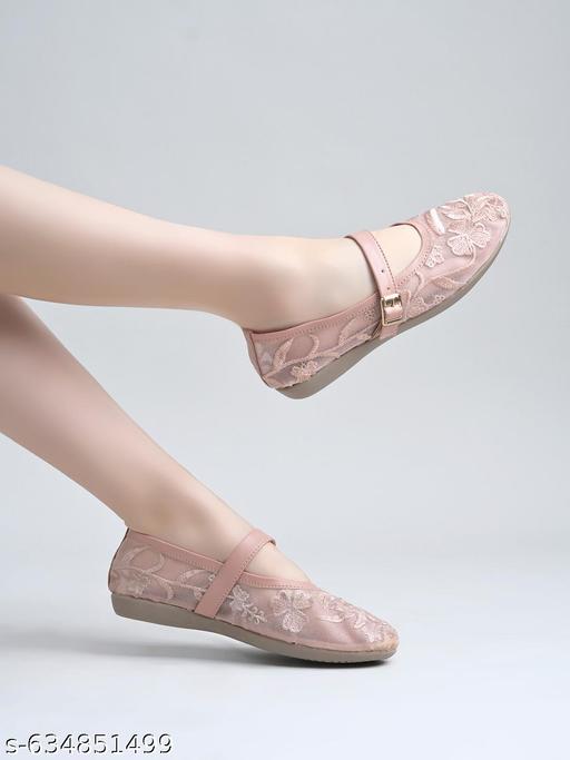 Elegant Pink Mesh Flats with Intricate Floral Embroidery and Mary Jane Strap For Women & Girls - Design Fasion Store