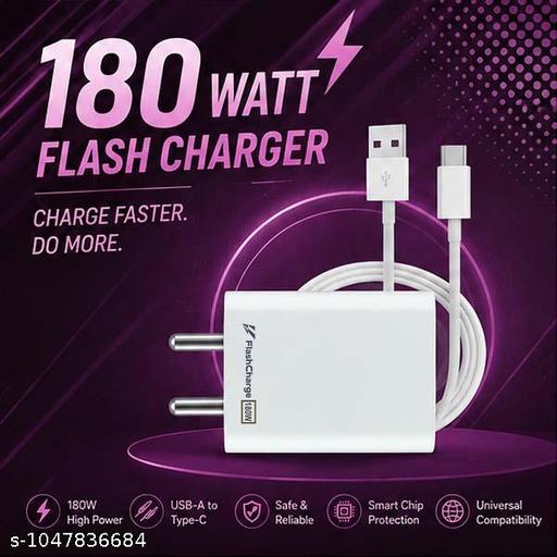 180 Watt Flash Charging Adapter with Type-C Cable | Fast Mobile Charger | Super Fast USB powerrr Charger for Android Phones, Smartphones, Universal Fast Charger & Compatible Devices - Design Fasion Store