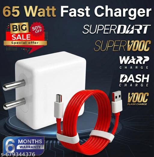  65 Watt 6A Super Fast Mobile Charger for Mobile with Detachable Red & White Cable (White, Cable Included) Supports Supervooc, VOOC, Warp, Dash, SuperDart & Fast Charging - Design Fasion Store