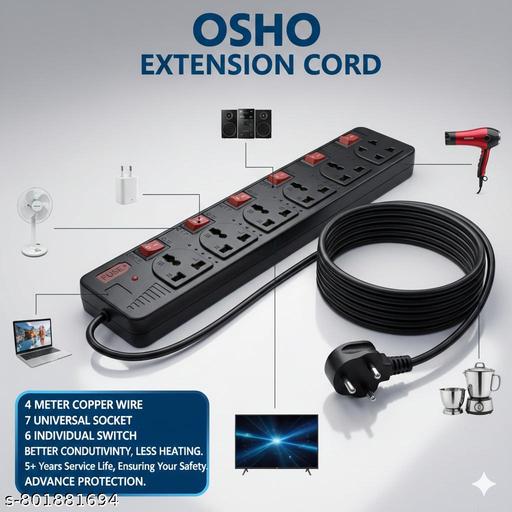 7 Socket WITH 6 INDIVIDUAL SWITCH Multi plug Universal Extension Board with 4m copper  Wire &  LED indicator - Design Fasion Store