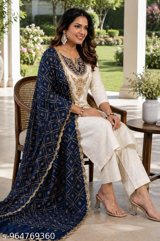 Women's  Kurta With Blue Bandhani Dupatta Set With Round Neck work Designs - Design Fasion Store