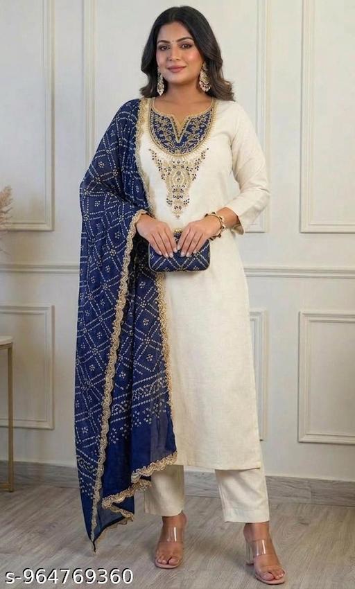Women's  Kurta With Blue Bandhani Dupatta Set With Round Neck work Designs - Design Fasion Store