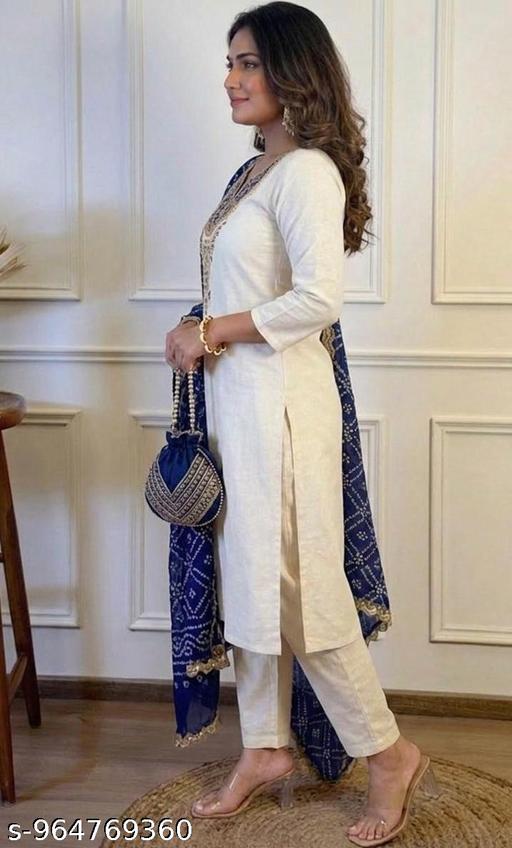 Women's  Kurta With Blue Bandhani Dupatta Set With Round Neck work Designs - Design Fasion Store
