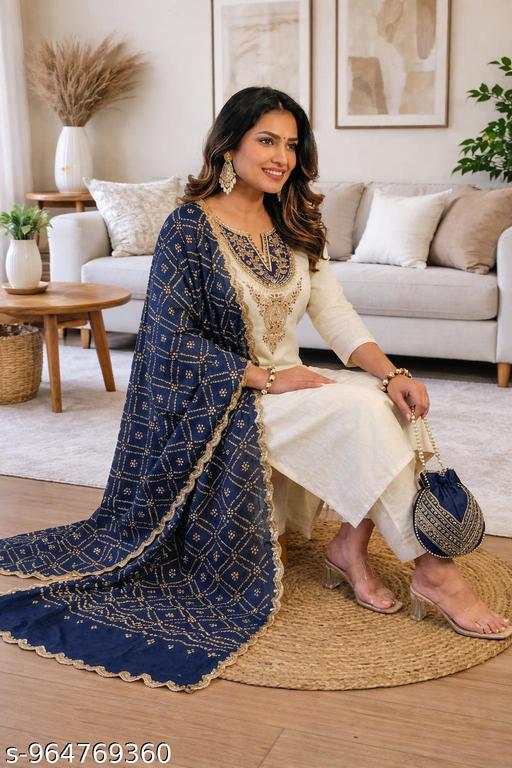 Women's  Kurta With Blue Bandhani Dupatta Set With Round Neck work Designs - Design Fasion Store