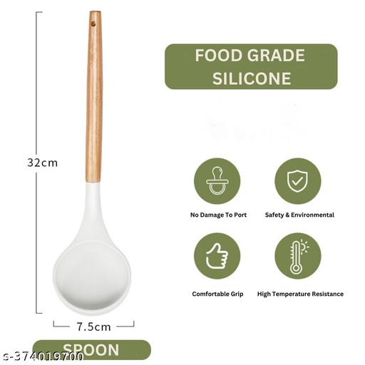 Non-Stick Premium 3 Silicone Spatula with Wooden Handle | spatula Turner Serving Cooking Spoon | silicone spatula Combs For Cooking, Baking & Mixing, Seamless Design (32cm | Cream) - Dropgadgets 