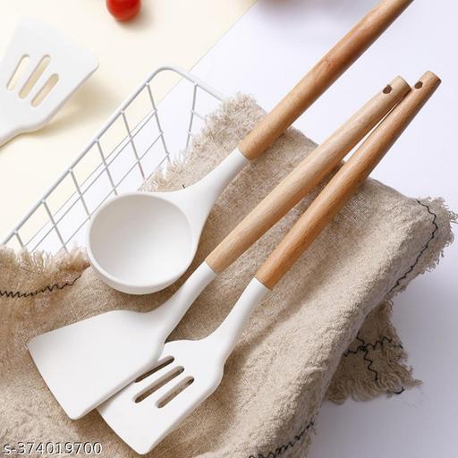 Non-Stick Premium 3 Silicone Spatula with Wooden Handle | spatula Turner Serving Cooking Spoon | silicone spatula Combs For Cooking, Baking & Mixing, Seamless Design (32cm | Cream) - Dropgadgets 