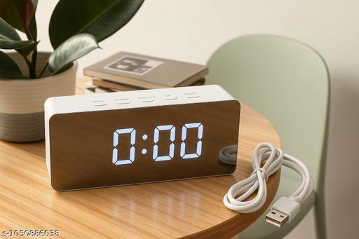 Digital Alarm Clock with Mirror LED Display, USB Charging Port, Adjustable Brightness, Snooze & Temperature Display, Portable Bedside Table Clock for Bedroom, Office & Travel Aesthetics – White