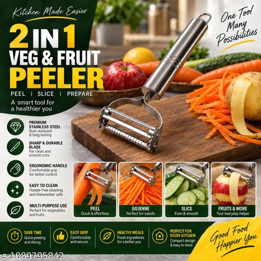 2-in-1 Stainless Steel Vegetable & Fruit Peeler | Dual Function Peeler & Julienne Slicer | Sharp Serrated Blade | Ergonomic Metal Handle | Multi-Purpose Kitchen Tool - ELASH GLOBAL STORE