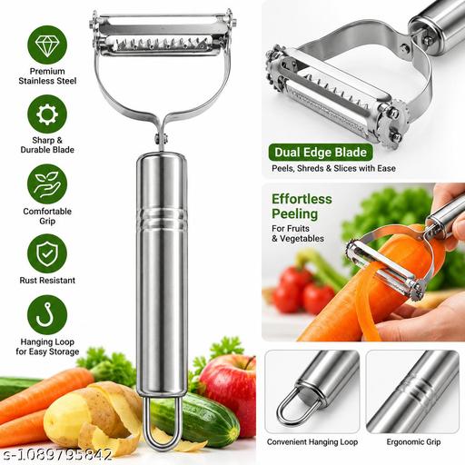 2-in-1 Stainless Steel Vegetable & Fruit Peeler | Dual Function Peeler & Julienne Slicer | Sharp Serrated Blade | Ergonomic Metal Handle | Multi-Purpose Kitchen Tool - ELASH GLOBAL STORE