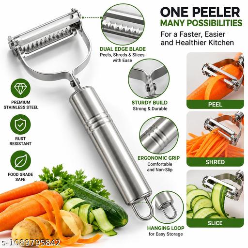 2-in-1 Stainless Steel Vegetable & Fruit Peeler | Dual Function Peeler & Julienne Slicer | Sharp Serrated Blade | Ergonomic Metal Handle | Multi-Purpose Kitchen Tool - ELASH GLOBAL STORE