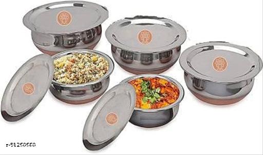 Supreme Stainless Steel Copper Bottom Handi,patila, Pot Biryani Punjabi Handi Set with Lid 5 Pieces Serving Bowls with Lids Cookware Set Capacity:- 0.5 L,0.8 L,1.2 L,1.5 L,1.8 L,(Copper & Silver) - Fluxx Kart