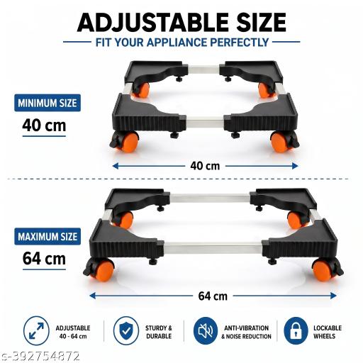 Lapyon Heavy Duty Adjustable Top Load Fully/Automatic Washing Machine/Refrigerator/Dishwasher Stand Trolley with Wheels [Size: 40 x 40cm to 64x 64cm, Orange] - Fluxx Kart