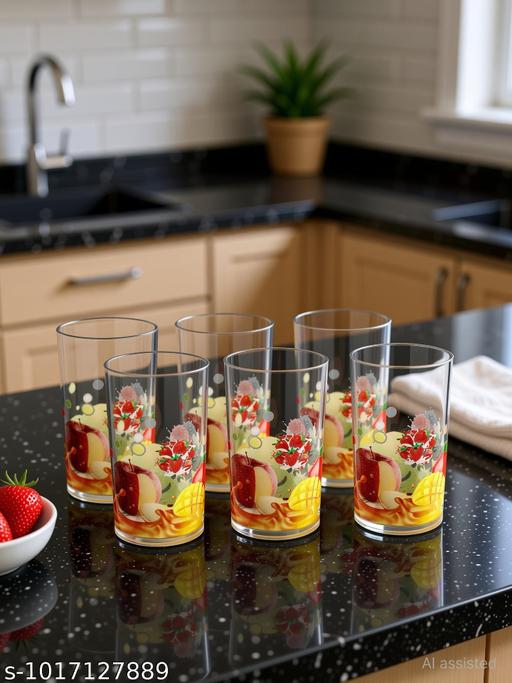 Designer Fruit Print Juice Glass Set | Pack of 6 Beverage Tumblers | Premium Drinkware - Fluxx Kart
