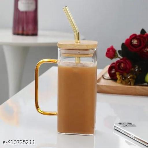 SIDS CREATION(Multi Colour) Handle Glass Tumbler with Lid - 400ml- Pack of 1 - Glass Sipper with Straw for Coffee Green Tea Fruit Juices Mojito Milk Cup Mug with Straw and Lid - Fluxx Kart