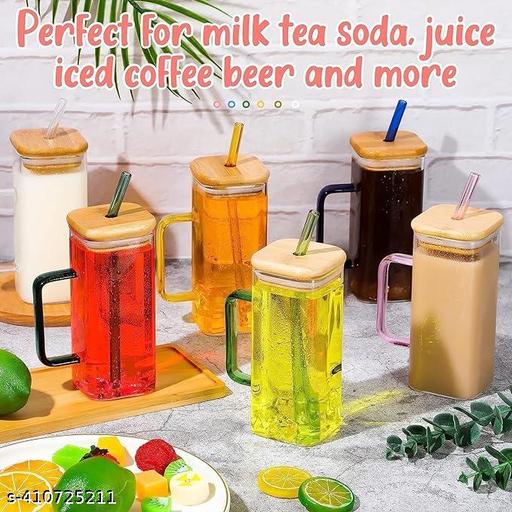 SIDS CREATION(Multi Colour) Handle Glass Tumbler with Lid - 400ml- Pack of 1 - Glass Sipper with Straw for Coffee Green Tea Fruit Juices Mojito Milk Cup Mug with Straw and Lid - Fluxx Kart