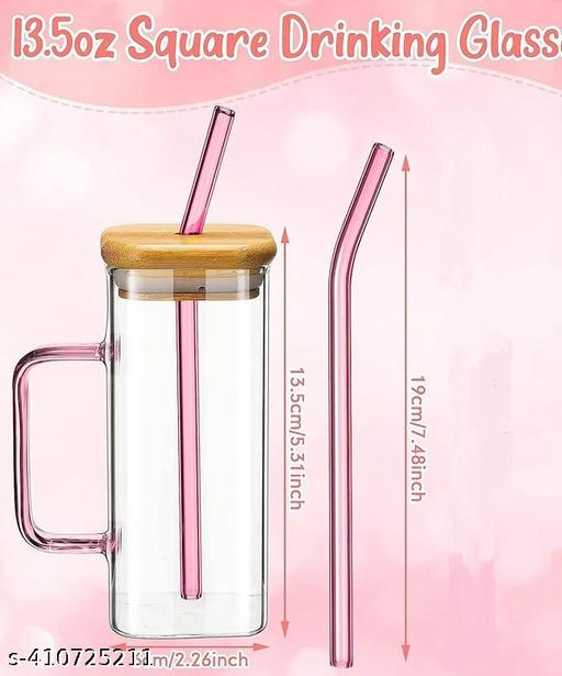 SIDS CREATION(Multi Colour) Handle Glass Tumbler with Lid - 400ml- Pack of 1 - Glass Sipper with Straw for Coffee Green Tea Fruit Juices Mojito Milk Cup Mug with Straw and Lid - Fluxx Kart