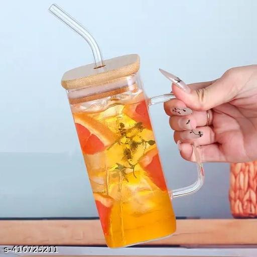 SIDS CREATION(Multi Colour) Handle Glass Tumbler with Lid - 400ml- Pack of 1 - Glass Sipper with Straw for Coffee Green Tea Fruit Juices Mojito Milk Cup Mug with Straw and Lid - Fluxx Kart