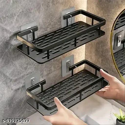 MARUTI Premium Black Metal Bathroom Shelf | Heavy-Duty Powder Coated Rust-Proof Wall Mounted Bathroom Organizer Rack | Self-Adhesive No-Drill Storage Shelf for Shampoo, Soap, Conditioner & Toiletries | Modern Bathroom Accessories(Pack of 2) - Fluxx Kart