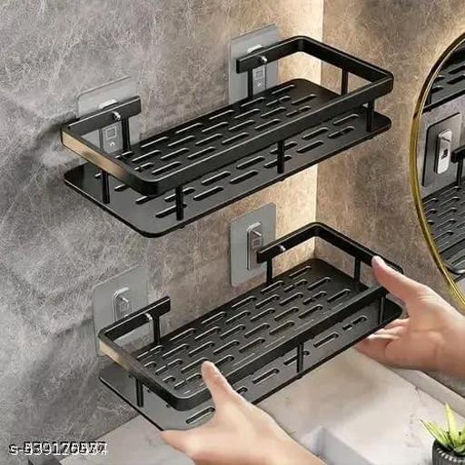 MARUTI Premium Black Metal Bathroom Shelf | Heavy-Duty Powder Coated Rust-Proof Wall Mounted Bathroom Organizer Rack | Self-Adhesive No-Drill Storage Shelf for Shampoo, Soap, Conditioner & Toiletries | Modern Bathroom Accessories(Pack of 2) - Fluxx Kart