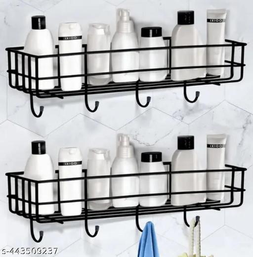 Bathroom Rack - Bathroom Shelves - Kitchen Storage – Multipurpose Rack and Shampoo Holder with 4 Hook - Adhesive Metal Shelf Without Drilling (Black) (Bathroom and Kitchen Shelves with Hook)(Pack of 2) - Fluxx Kart
