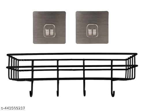 Bathroom Rack - Bathroom Shelves - Kitchen Storage – Multipurpose Rack and Shampoo Holder with 4 Hook - Adhesive Metal Shelf Without Drilling (Black) (Bathroom and Kitchen Shelves with Hook)(Pack of 2) - Fluxx Kart