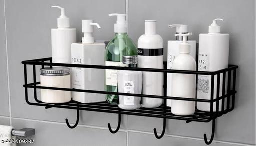 Bathroom Rack - Bathroom Shelves - Kitchen Storage – Multipurpose Rack and Shampoo Holder with 4 Hook - Adhesive Metal Shelf Without Drilling (Black) (Bathroom and Kitchen Shelves with Hook)(Pack of 2) - Fluxx Kart