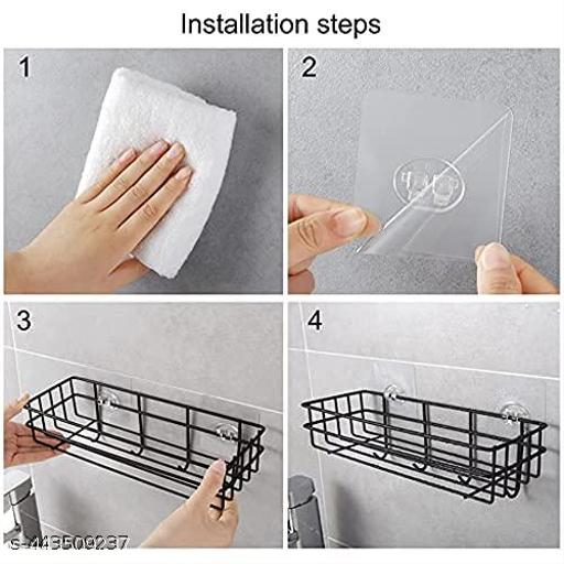 Bathroom Rack - Bathroom Shelves - Kitchen Storage – Multipurpose Rack and Shampoo Holder with 4 Hook - Adhesive Metal Shelf Without Drilling (Black) (Bathroom and Kitchen Shelves with Hook)(Pack of 2) - Fluxx Kart