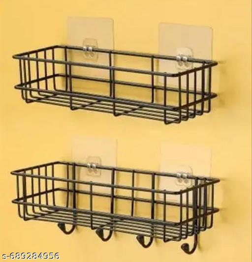 METAL BATHROOM WALL SHELF WITH 4 HOOK FOR BATHROOM SHOWER (Black) (PACK OF 2) - Fluxx Kart
