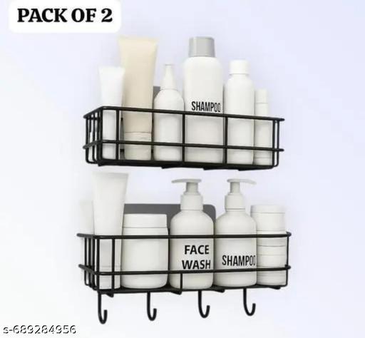 METAL BATHROOM WALL SHELF WITH 4 HOOK FOR BATHROOM SHOWER (Black) (PACK OF 2) - Fluxx Kart