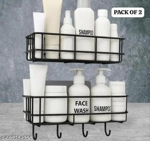 METAL BATHROOM WALL SHELF WITH 4 HOOK FOR BATHROOM SHOWER (Black) (PACK OF 2) - Fluxx Kart
