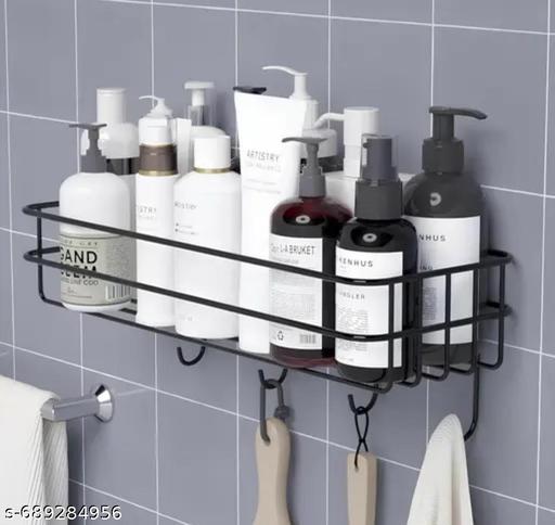 METAL BATHROOM WALL SHELF WITH 4 HOOK FOR BATHROOM SHOWER (Black) (PACK OF 2) - Fluxx Kart