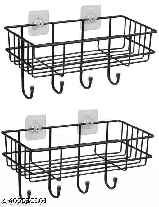 Steel Self-Adhesive Multipurpose Bathroom Shelf with Hooks/Towel Holder/Rack/Bathroom Accessories - Wall Mount - Pack of 2 (Black,Powder Coated) - Fluxx Kart