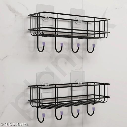 Steel Self-Adhesive Multipurpose Bathroom Shelf with Hooks/Towel Holder/Rack/Bathroom Accessories - Wall Mount - Pack of 2 (Black,Powder Coated) - Fluxx Kart