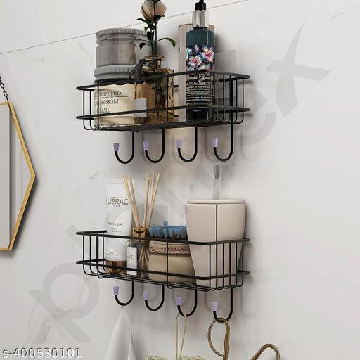 Steel Self-Adhesive Multipurpose Bathroom Shelf with Hooks/Towel Holder/Rack/Bathroom Accessories - Wall Mount - Pack of 2 (Black,Powder Coated) - Fluxx Kart