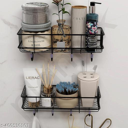 Steel Self-Adhesive Multipurpose Bathroom Shelf with Hooks/Towel Holder/Rack/Bathroom Accessories - Wall Mount - Pack of 2 (Black,Powder Coated) - Fluxx Kart