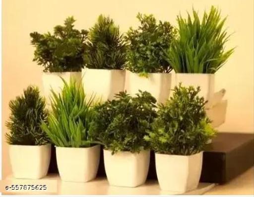(Pack of 8) Bonsai Wild Artificial Plant with Pot 14 cm, Green Artificial Flowers/Plant with Pot and Cute Bird on Top for Home Decor, Living Room, Balcony, Indoor/Outdoor - Fluxx Kart