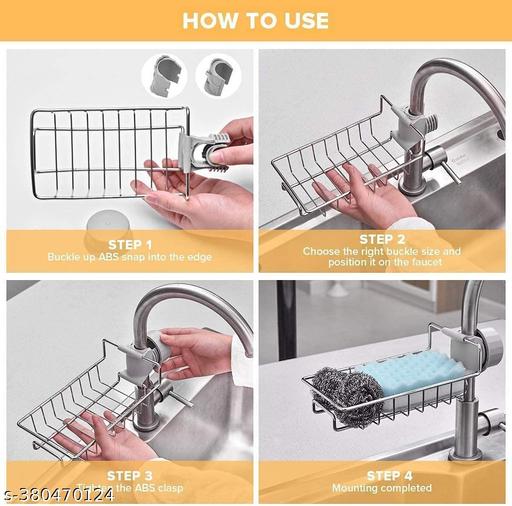Unified Stainless Steel Adjusting Multifunctional Over Kitchen Sink Caddy Clamp Faucet Sponge Scrubber Holder Storage Hanging Shelf Draining Bathroom Tap Shampoo Soap Organizer Rack - FRK Products 