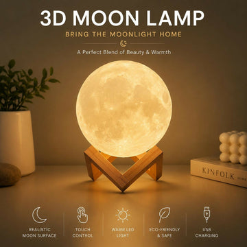 3D Moon Lamp with Wooden Stand, Warm LED Night Light for Room Decor - FRK Products 