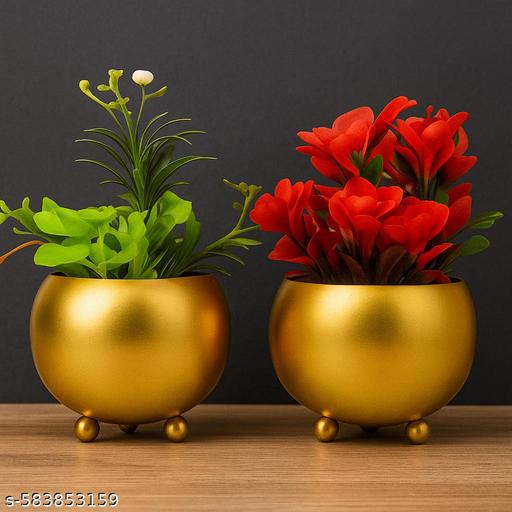 ZS AND SONS® – Set of 2 Round Gold Metal Showpieces | Decorative Tabletop Pots for Home, Office & Gifting - Gadgetztore