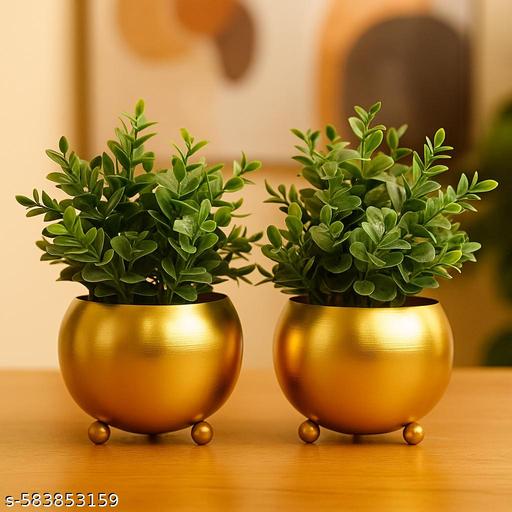 ZS AND SONS® – Set of 2 Round Gold Metal Showpieces | Decorative Tabletop Pots for Home, Office & Gifting - Gadgetztore